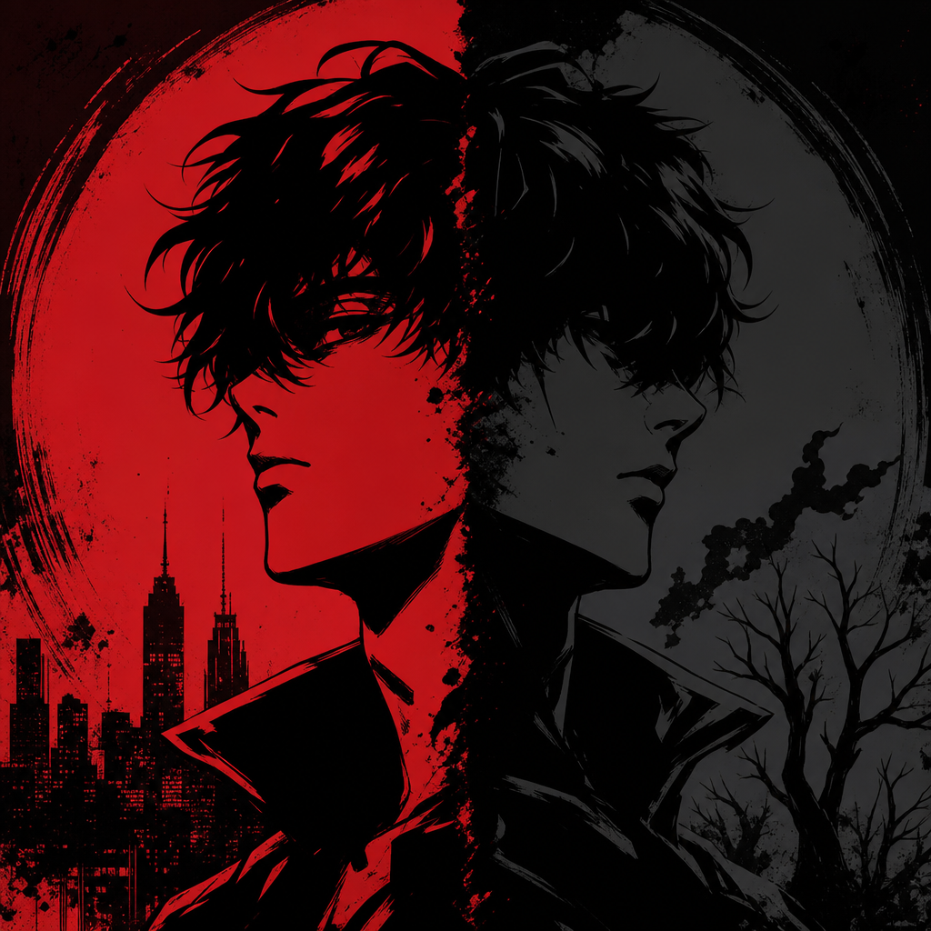 Dual-tone forum avatar: two back-to-back profiles split red and black, red side shows city skyline, black side shows barren trees.