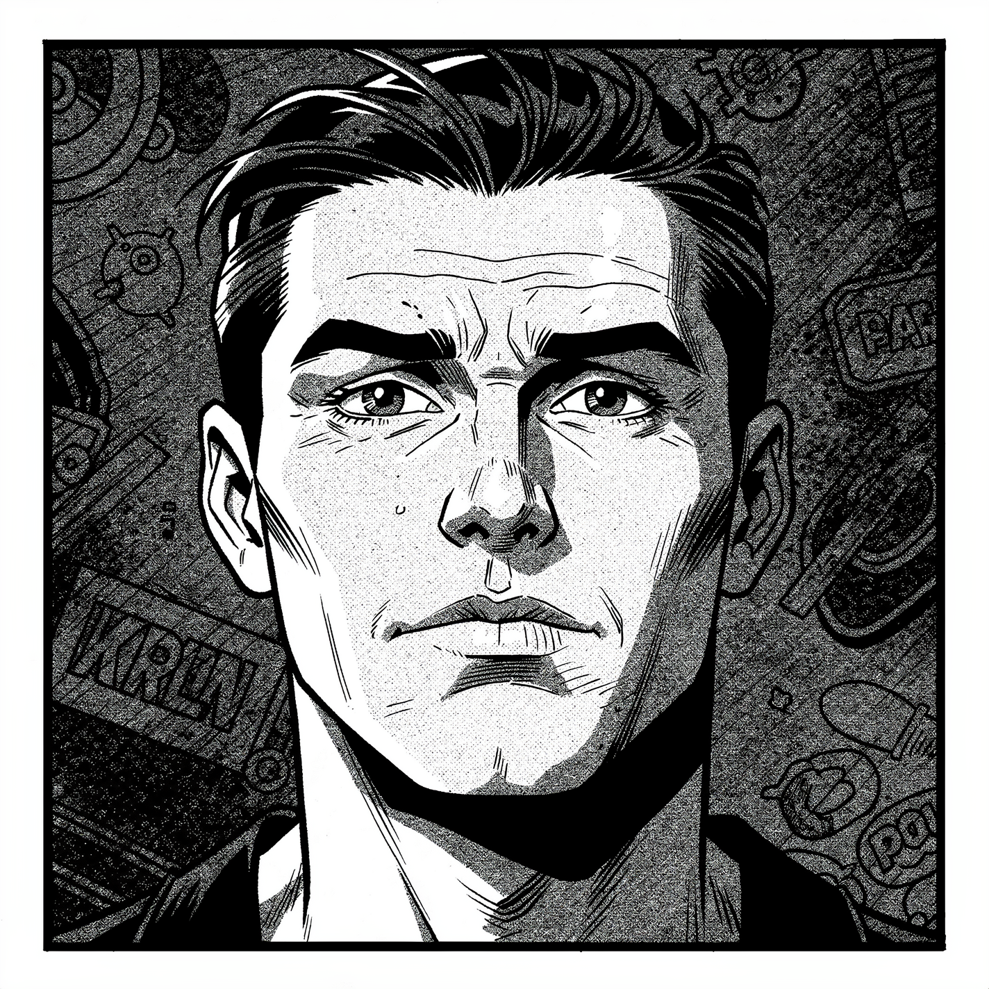 Black & white comic-style forum avatar/pfp: close-up of a serious, chiseled male face with strong shadows, crisp ink lines and a textured, patterned background.