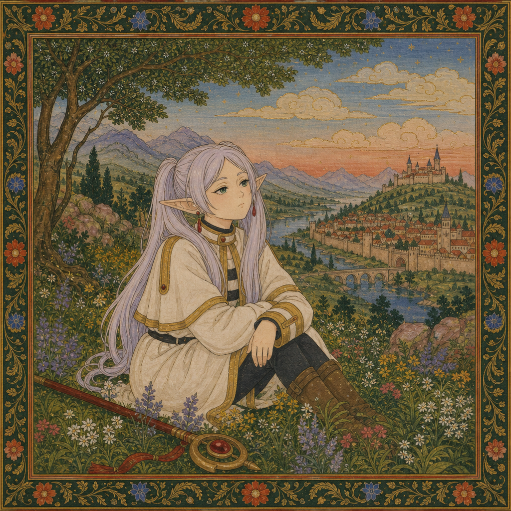 PFP of Frieren (Frieren: Beyond Journey's End): elf-like mage with long silver hair and robes, sitting in a flowered meadow overlooking a river valley and distant castle, framed by an ornate floral border.