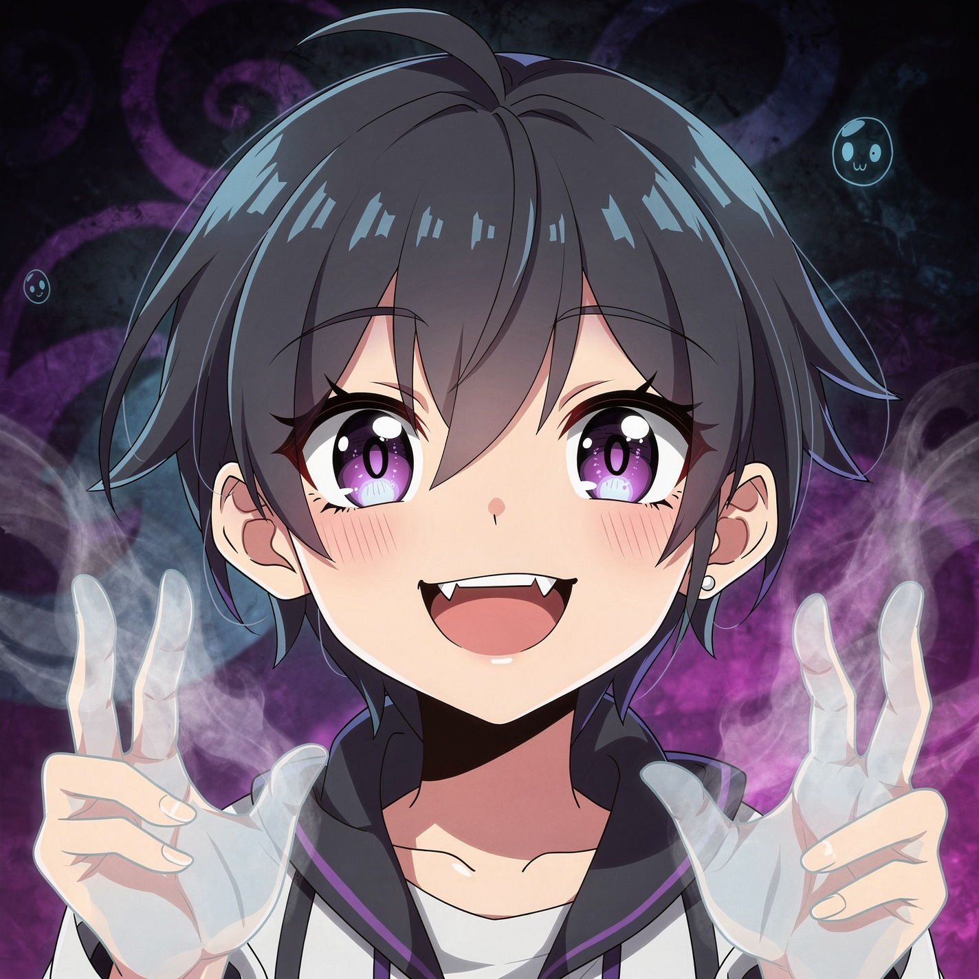 Spooky anime pfp: cheerful purple-eyed anime character with short dark hair and fangs, flashing peace signs amid swirling purple smoke and tiny ghostly skulls.