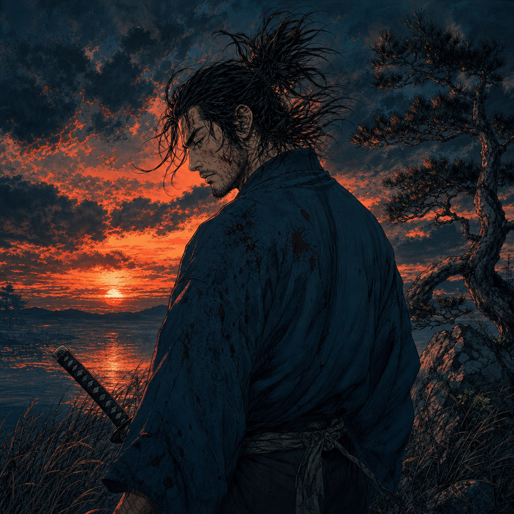 Vagabond forum avatar: lone samurai facing a fiery sunset over a lake, katana at his hip, wind-tousled hair and silhouetted pines.