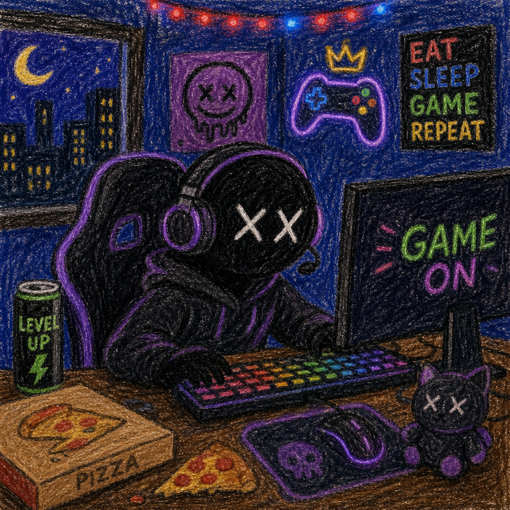 Gamer forum avatar/pfp: hooded figure with crossed-out eyes and headphones at a neon gaming desk—'Game On' monitor, neon controller, pizza and energy drink.