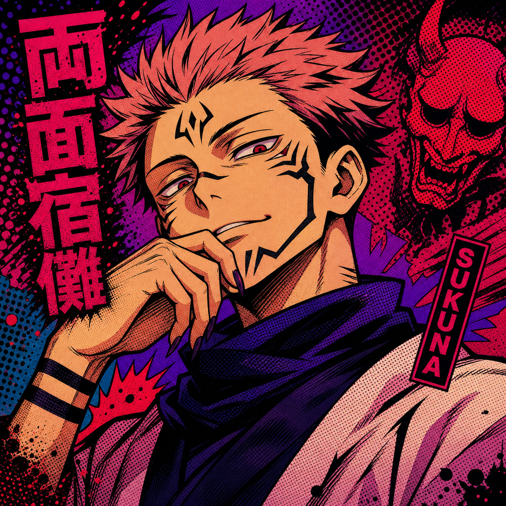 Forum avatar of Sukuna (Jujutsu Kaisen): smirking close-up, spiky pink hair and black facial markings, purple-red halftone background with demon mask motif.