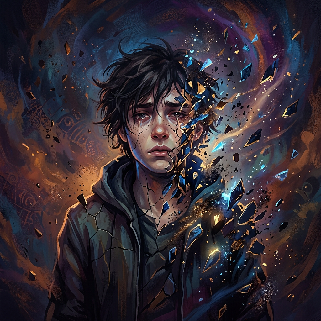 Forum avatar/pfp: moody portrait of a young person whose face fractures into glowing shards, fragments spiraling into a stormy backdrop, vividly evoking a sense of falling apart.