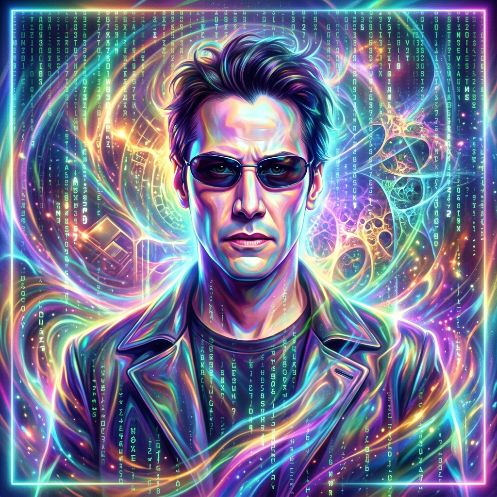 Neon portrait of Neo (The Matrix) in sunglasses and a leather jacket, surrounded by streaming code and swirling multicolored light, used as a forum avatar/profile picture.