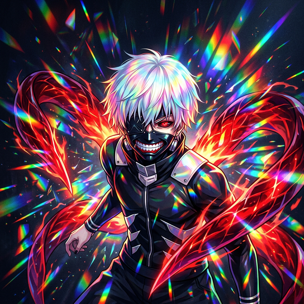 Forum avatar/pfp of Ken Kaneki: white-haired ghoul in a black suit and mask, red kagune wings bursting with vivid rainbow light.