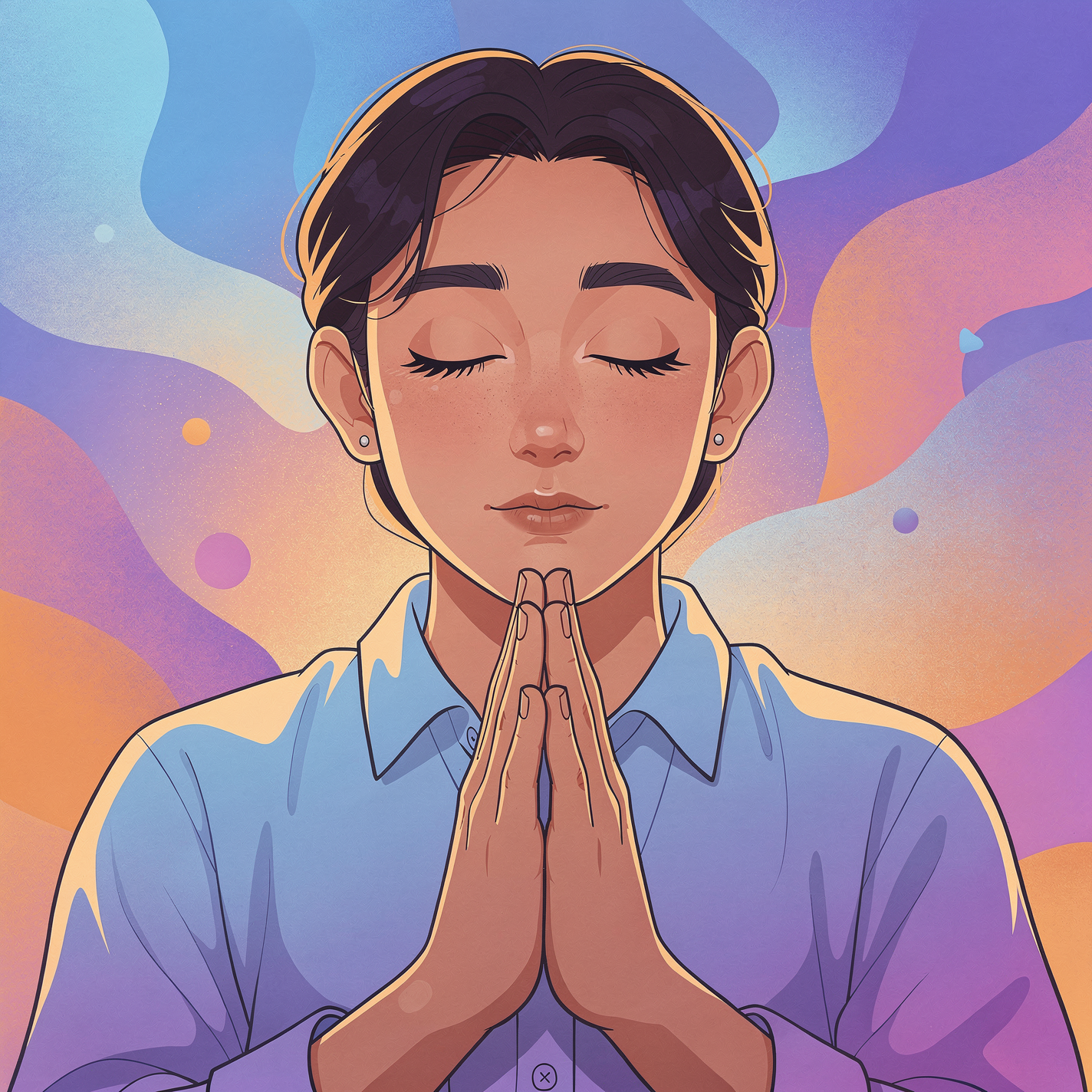 Forum profile avatar of a person praying — eyes closed, hands clasped, soft pastel swirls in the background.