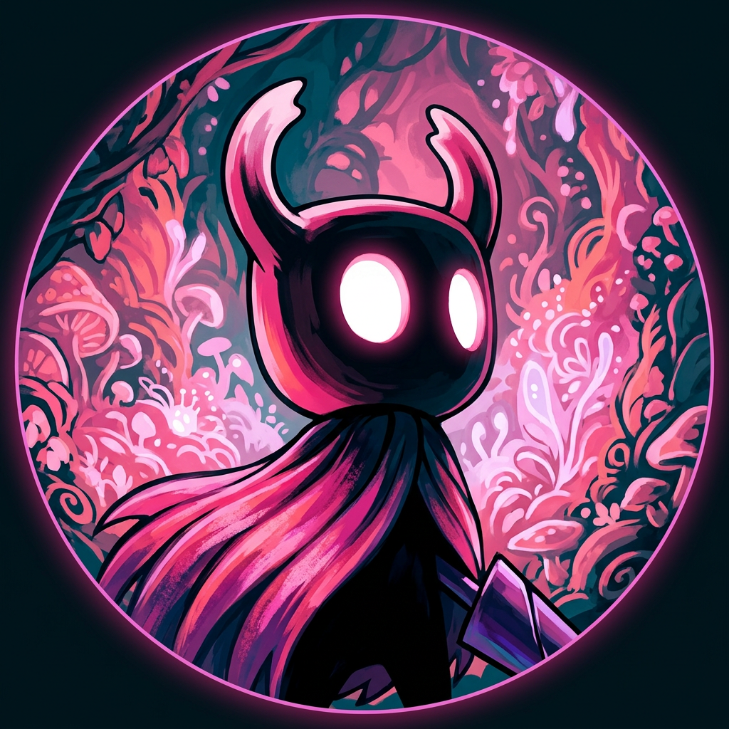 Hollow Knight forum avatar: stylized Knight with horned mask and glowing eyes, magenta flowing cloak holding a nail against an ornate pink fungal background in a circular pfp.