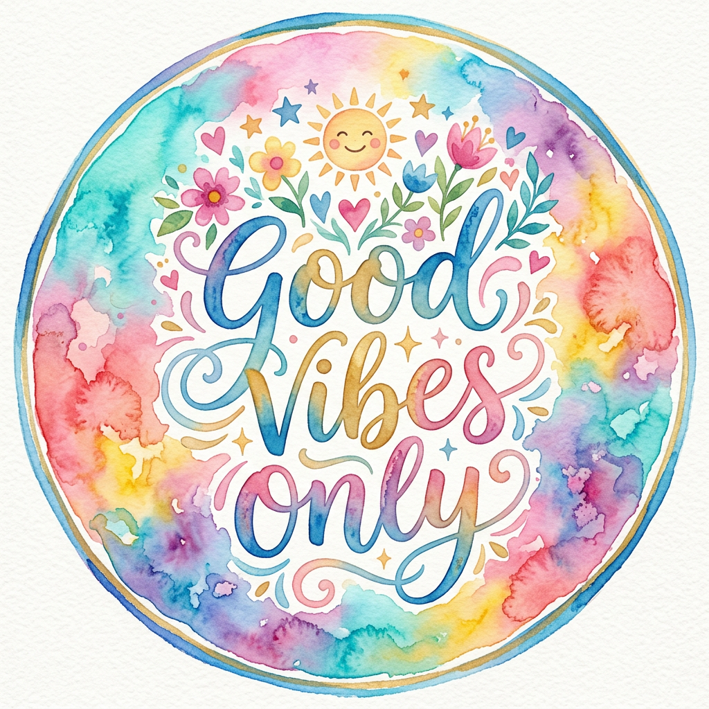 Circular watercolor forum avatar: smiling sun, flowers and colorful swirls surrounding hand-lettered Good Vibes Only.