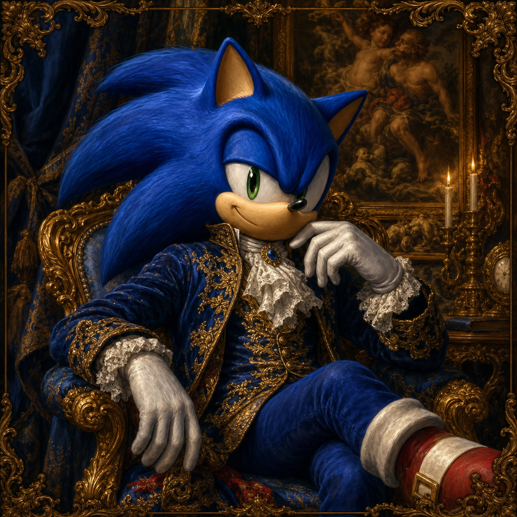 Forum avatar of Sonic the Hedgehog in ornate 18th-century aristocratic attire, lounging on a gilded throne with a confident smirk.