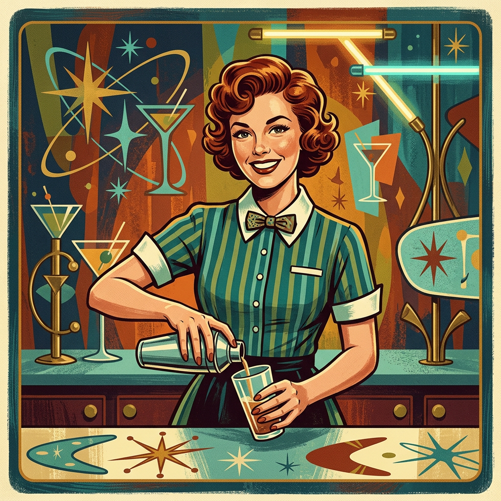 Retro bartender pfp: smiling woman in a striped uniform and bow tie pouring a cocktail amid mid-century atomic bar decor.