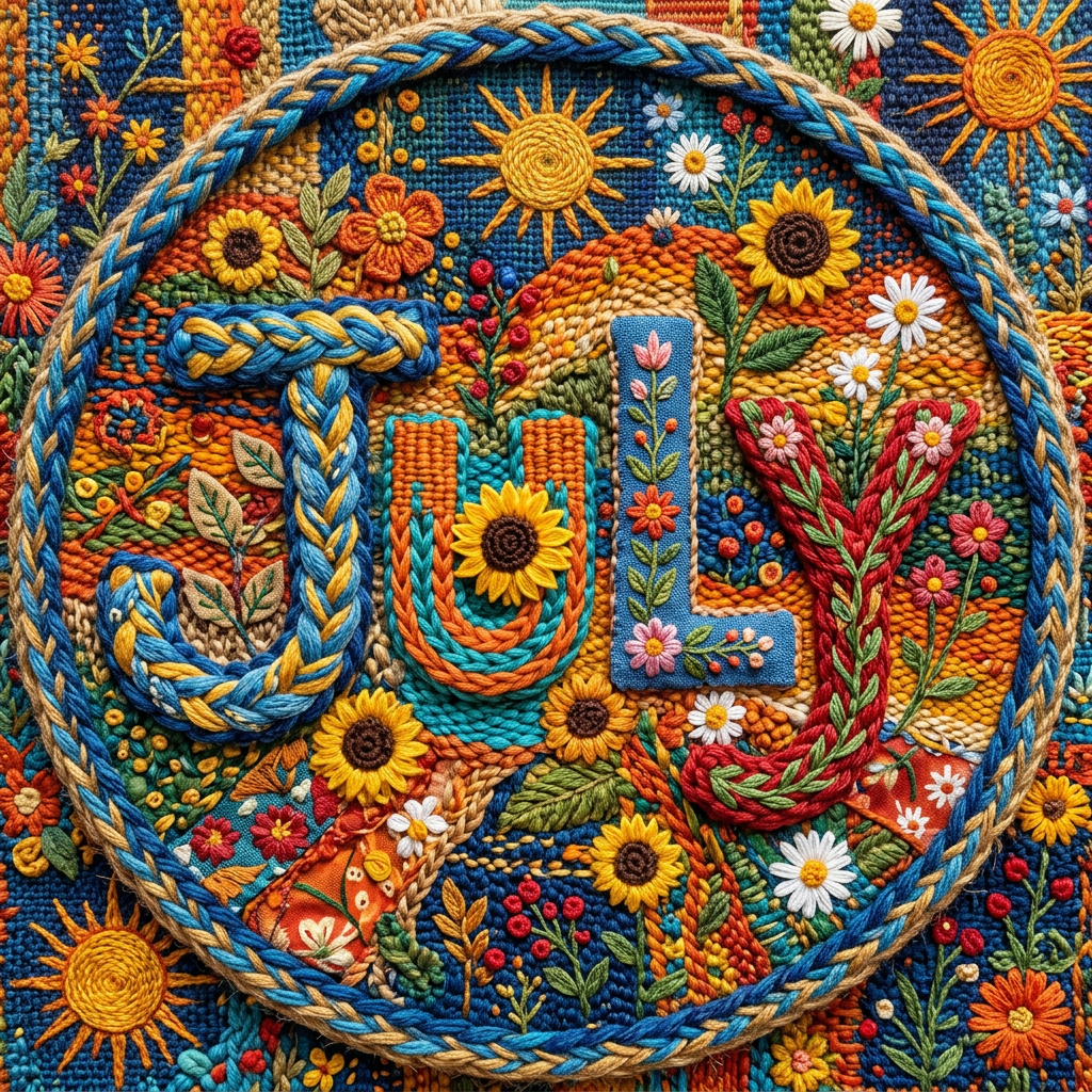 Round embroidered forum avatar/pfp reading JULY with sunflowers, daisies and suns, braided rope border and rich summer colors — textured, handcrafted look.