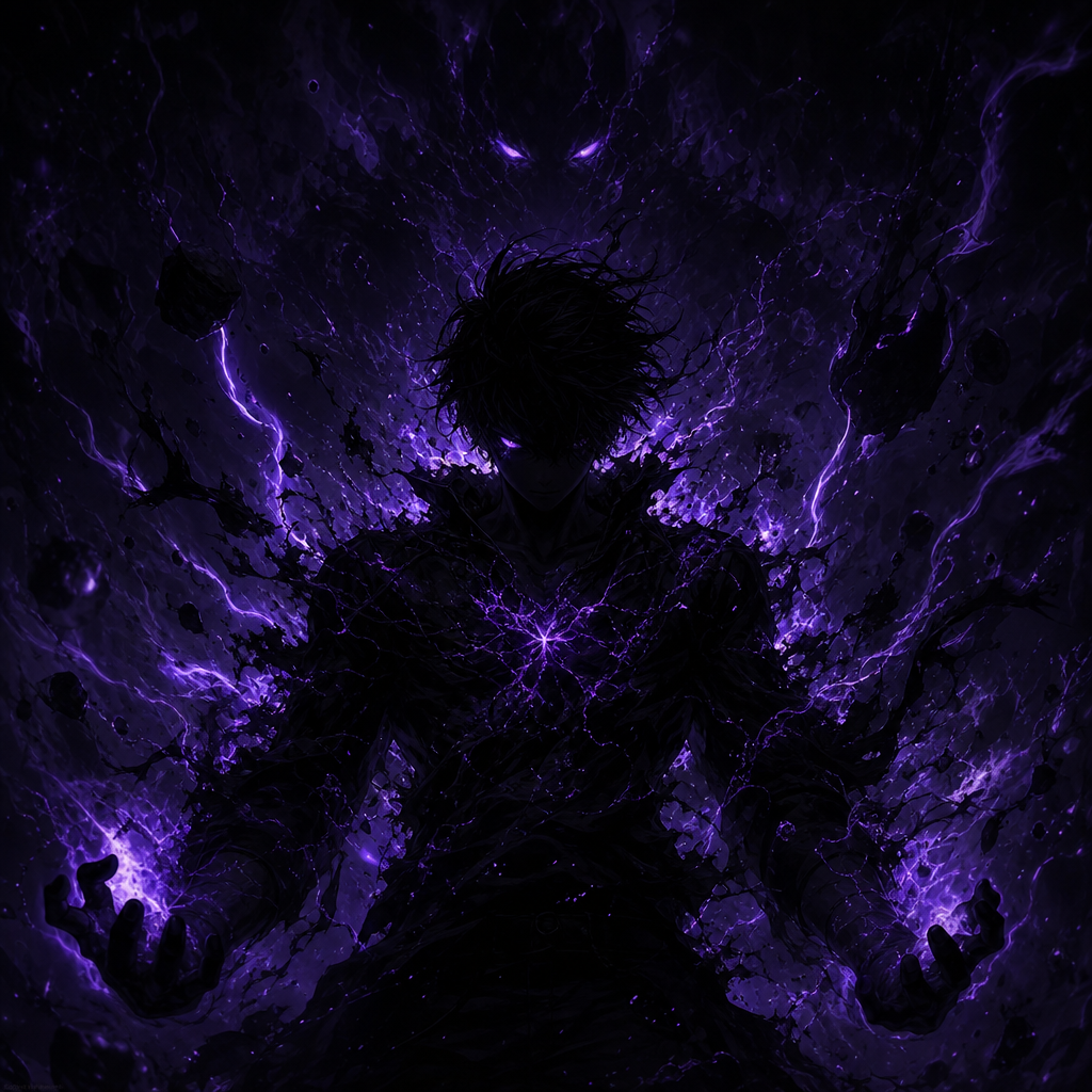 Dark forum avatar/pfp: shadowy human silhouette wreathed in crackling purple energy with lightning-like veins and drifting debris.