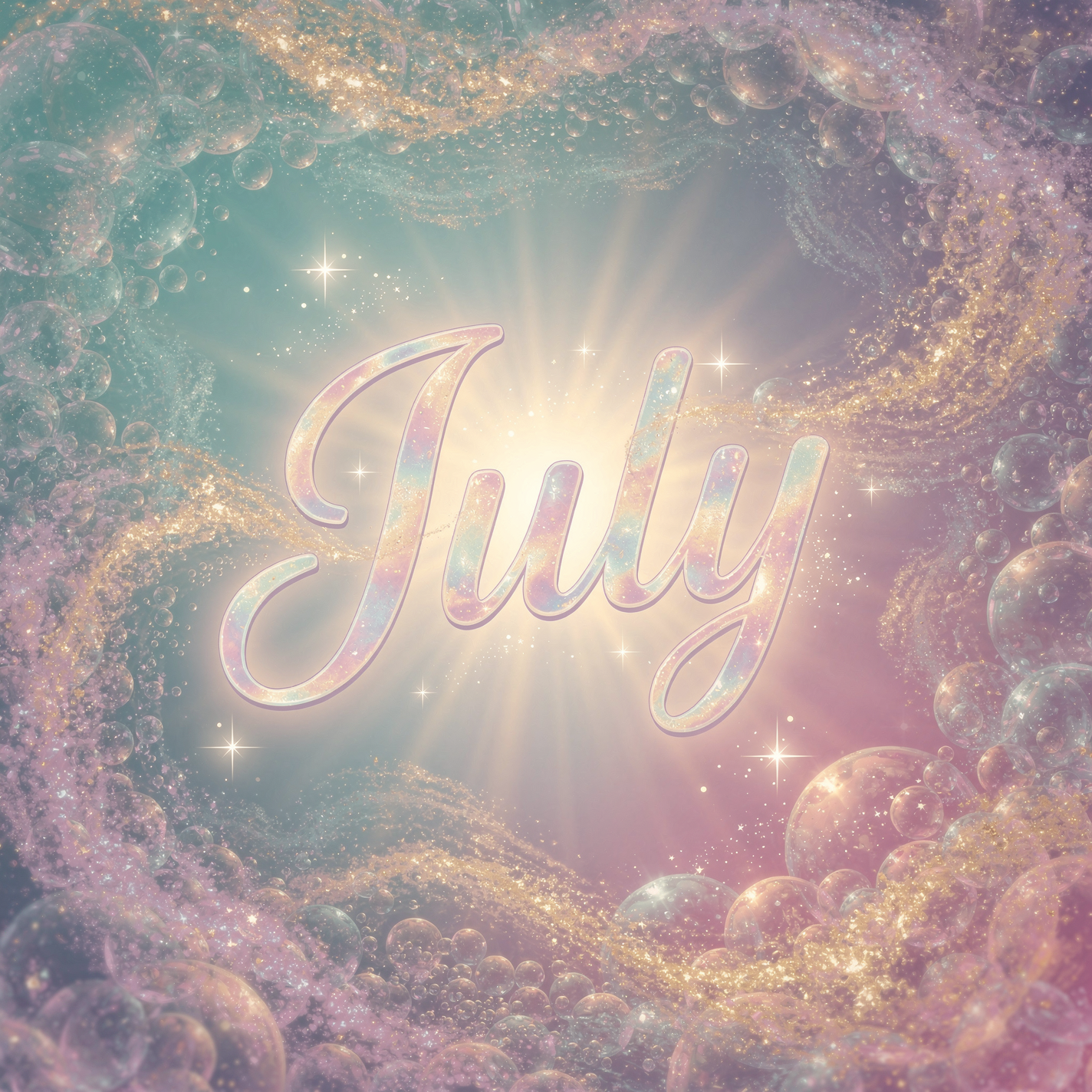 Forum avatar/profile photo showing July in glowing script over dreamy pastel cosmic clouds, sparkles and small planets.