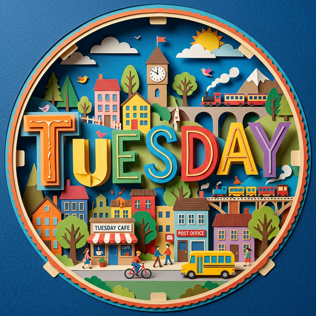 Forum avatar/profile photo: circular, colorful paper-cut town scene with prominent TUESDAY lettering, café, clocktower, train, bus and tiny people in a playful miniature city.