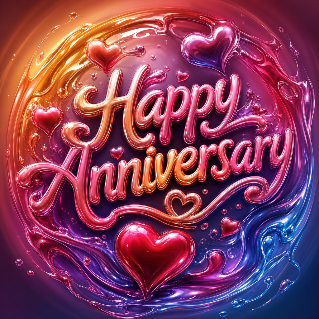 Glossy circular forum avatar/profile photo with metallic script Happy Anniversary surrounded by hearts and colorful swirling highlights.
