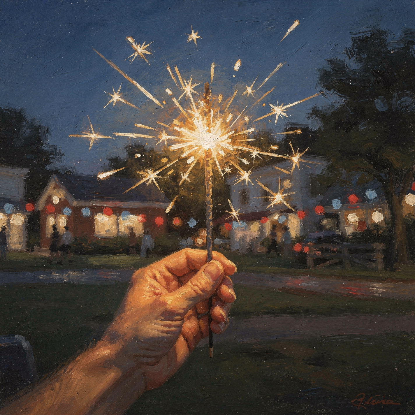 4th of July forum avatar — hand holding a lit sparkler at dusk, blurred neighborhood houses with red-white-blue lights in the background.