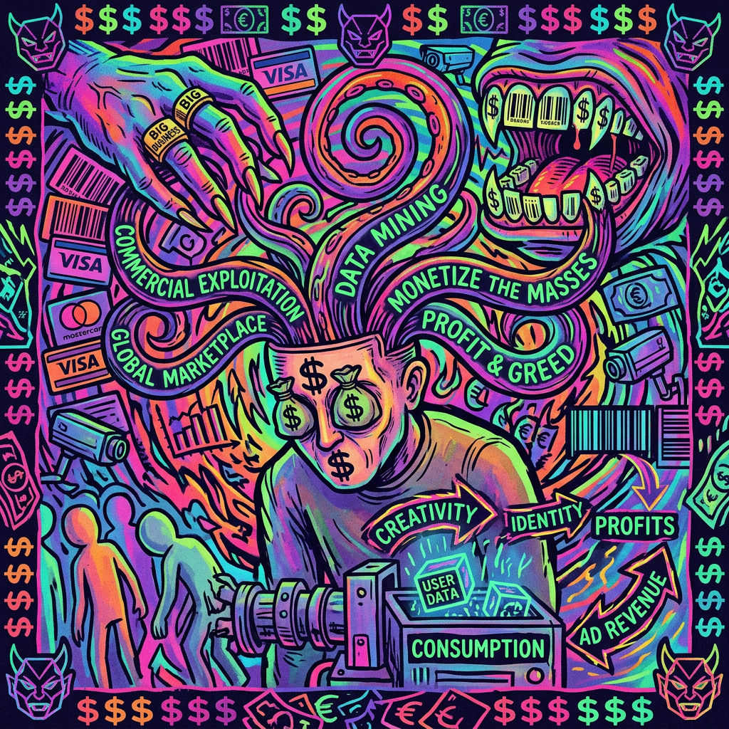 Psychedelic forum avatar depicting commercial exploitation: dollar-eyed profile amid swirling hands, credit cards, data tags and slogans like profit & greed.