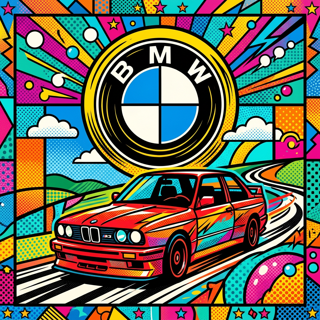 Vibrant pop-art forum avatar/pfp: red BMW coupe speeding on a stylized road beneath a large BMW roundel logo.