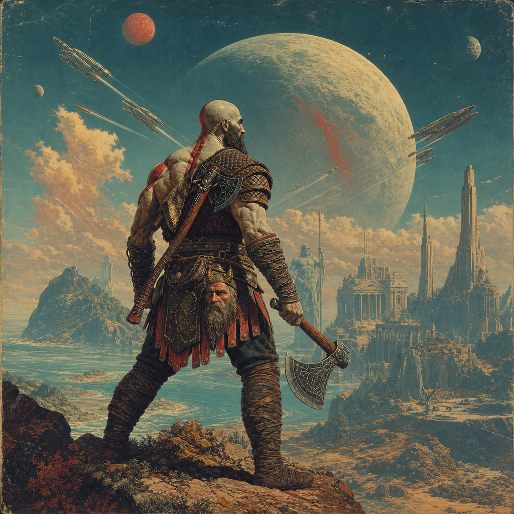 God of War forum avatar: muscular warrior with axe stands on a cliff, overlooking a ruined mythic city and a huge moon.