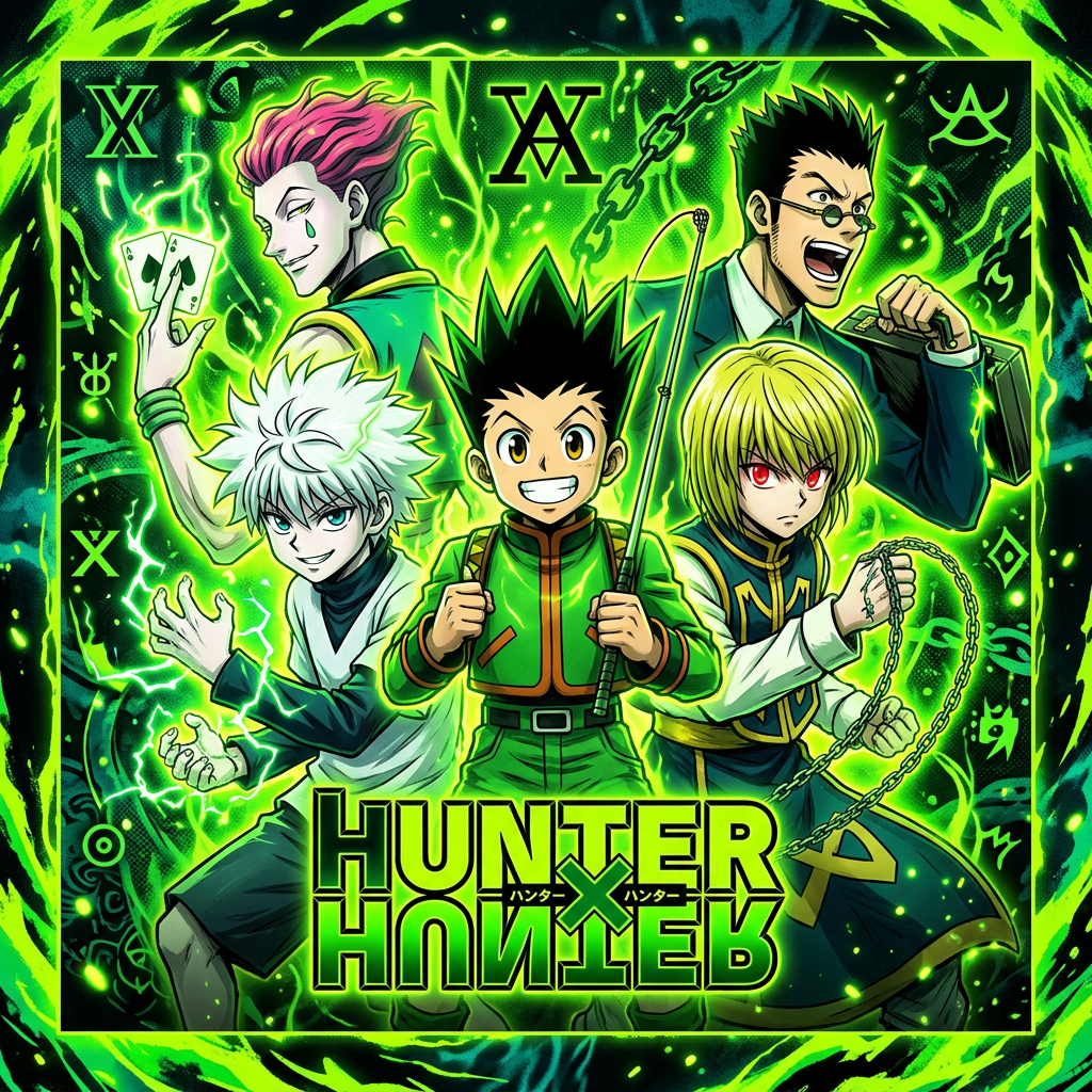 Vibrant neon-green Hunter x Hunter forum avatar showing Gon front-and-center with Killua, Kurapika, Leorio and Hisoka around him, glowing Nen aura and the Hunter x Hunter logo.
