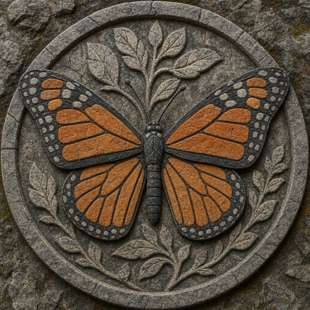Forum avatar/pfp: stone-carved circular medallion featuring a raised monarch butterfly with orange-and-black wings over a leafy relief.
