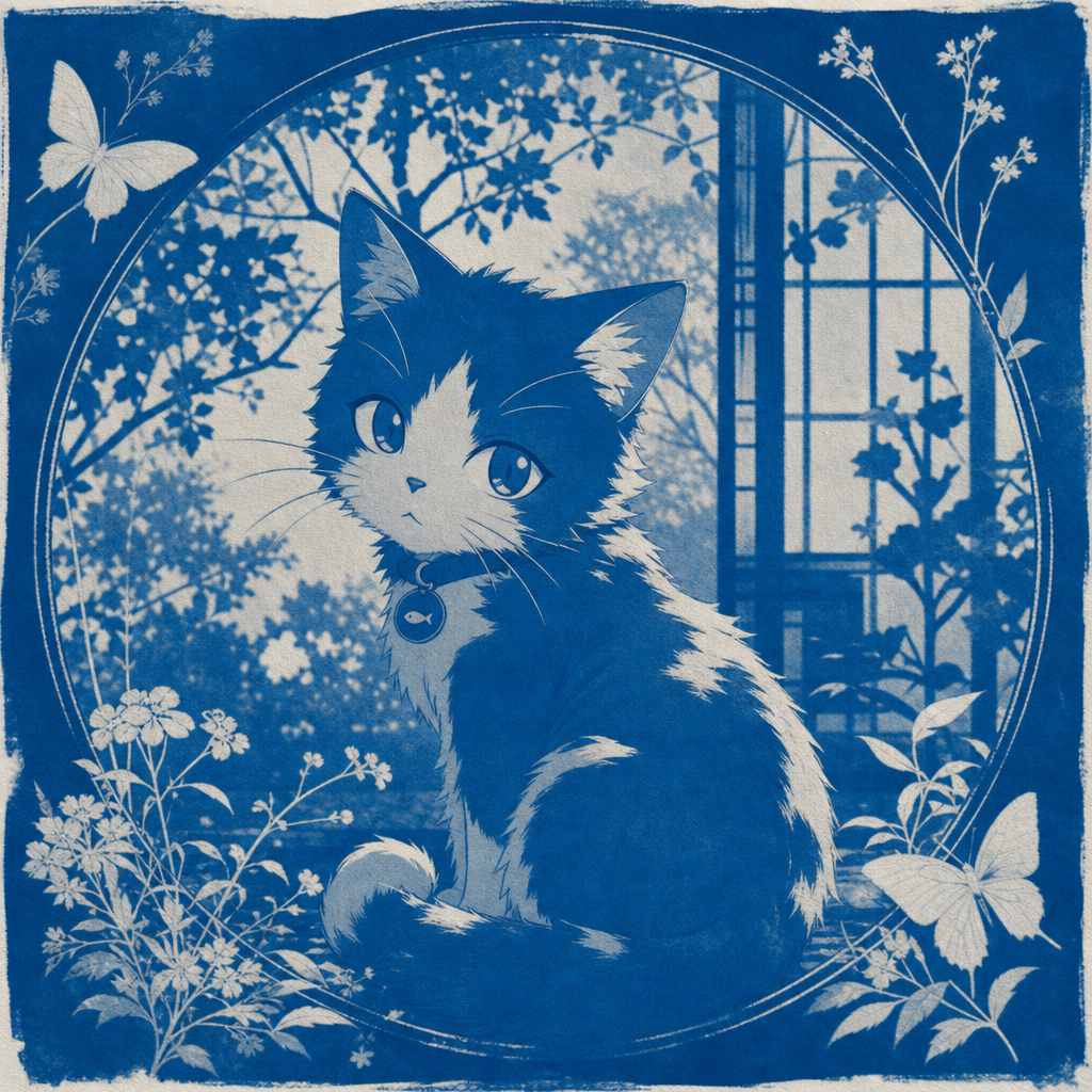 Anime cat in blue tones with bell collar sits by a window among flowers and butterflies, circular floral frame — stylized forum avatar/pfp.