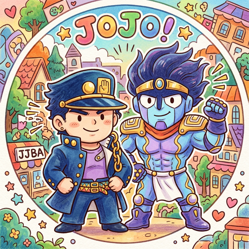 Cute chibi Jotaro Kujo and Stand Star Platinum from JoJo's Bizarre Adventure in a colorful town, JOJO! banner above — circular forum avatar/pfp profile photo.