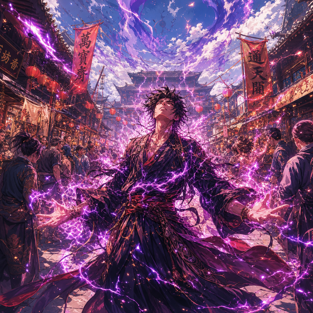 Forum avatar/profile photo: dark-robed anime figure stands in a crowded market, arms outstretched as purple lightning crackles around him beneath a swirling stormy sky.