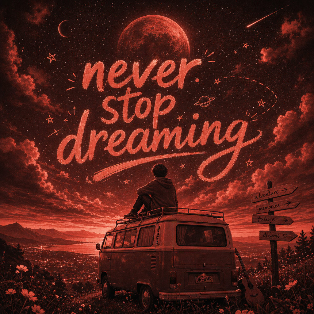 Forum avatar/pfp showing a silhouetted figure atop a vintage van beneath a red, star-filled sky, with the phrase never stop dreaming in sweeping script.