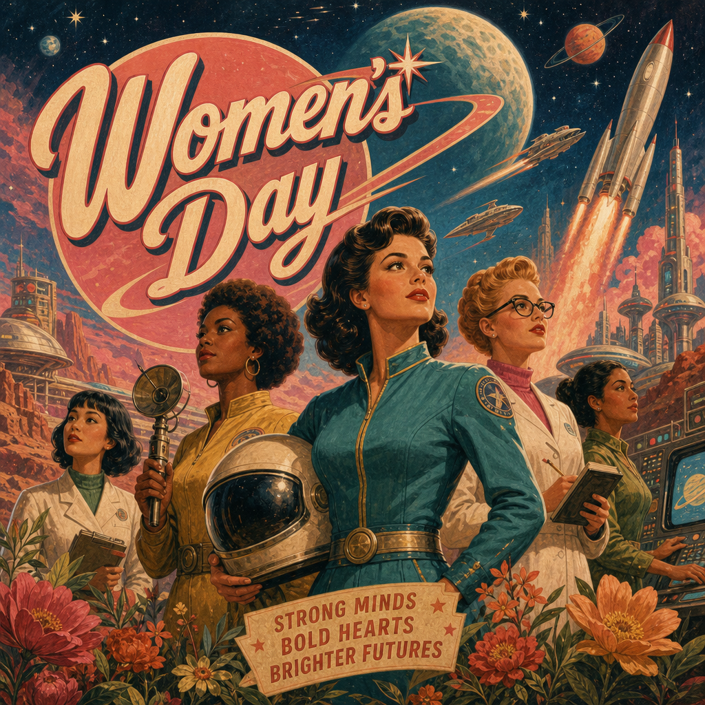 Forum avatar: retro-futuristic Women's Day illustration of diverse, confident women in space-age outfits with helmet, flowers and a Strong minds, bold hearts banner.