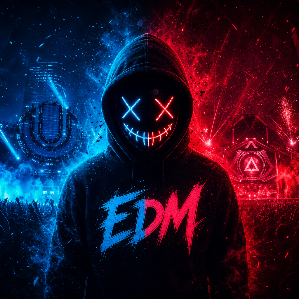 Neon-lit hoodie avatar with an LED X-eyed smile mask, split blue and red EDM crowd backdrop and bold EDM logo — forum profile photo.