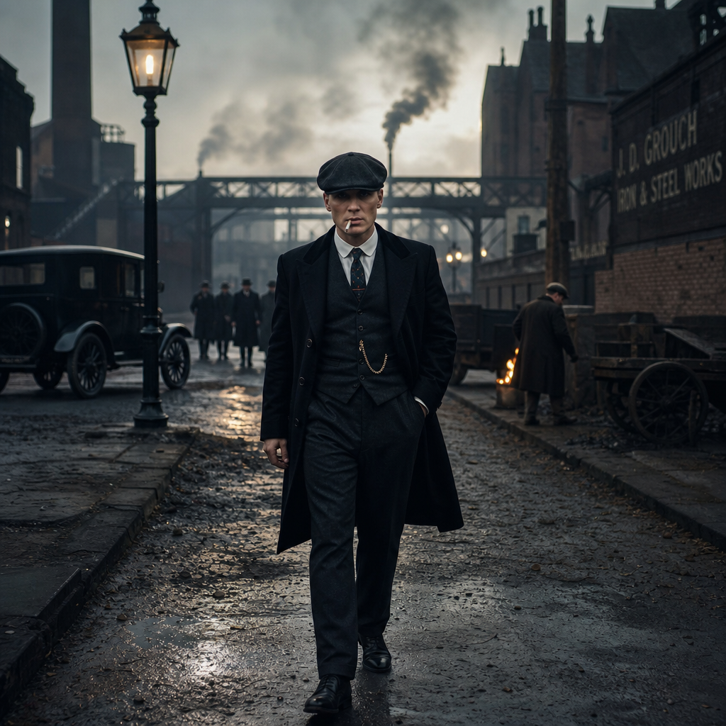 Peaky Blinders forum avatar — a sharp-dressed man in a flat cap and long coat strides down a damp, foggy industrial street with vintage cars and smokestacks behind him.