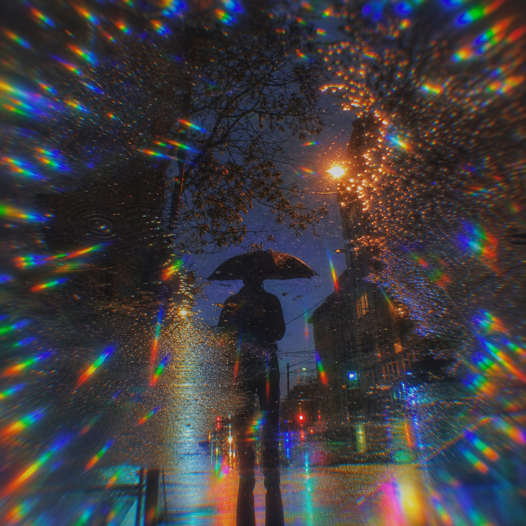 Forum avatar/pfp: rainy reflection of a silhouetted figure with umbrella on a wet city street, surrounded by prismatic rainbow light.