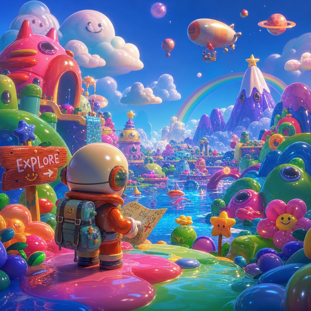 Whimsical forum avatar: small astronaut with backpack studying a map in a candy-colored landscape with rainbow, smiling clouds and an Explore sign — exploration theme.