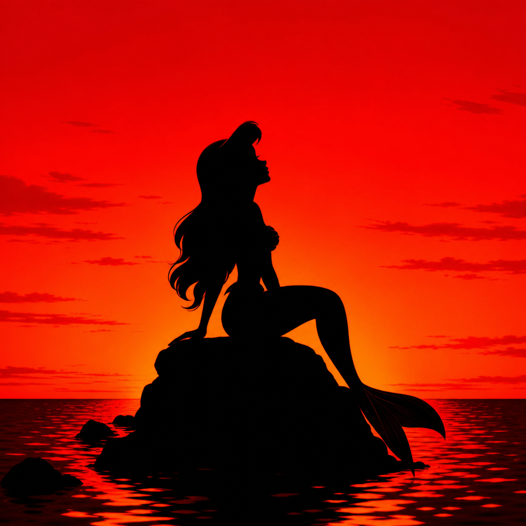 Silhouette of Ariel (The Little Mermaid) sitting on a rock at sunset, used as a forum avatar/profile photo against a vivid red-orange sky and reflective sea.