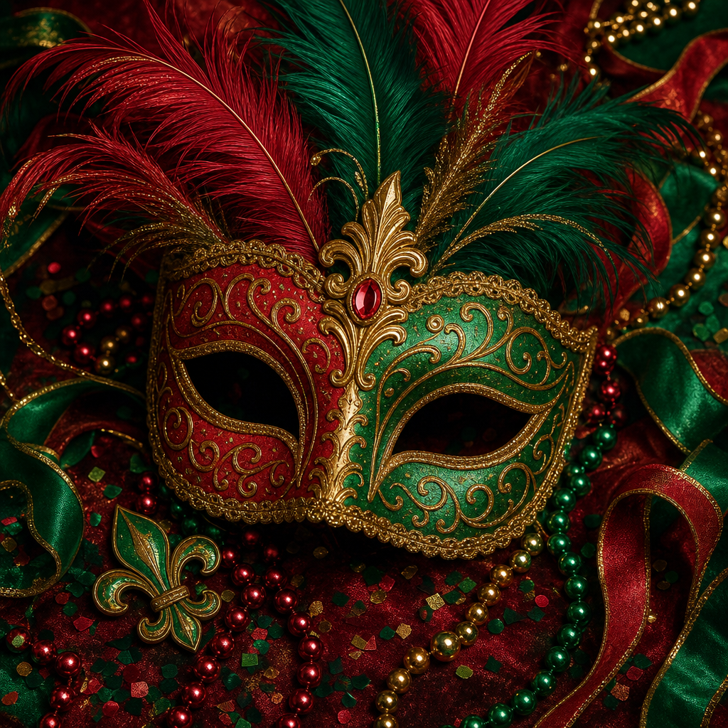 Ornate red and green Mardi Gras mask with gold filigree, jewels, feathers and beads, shown as a festive forum avatar/pfp profile photo.