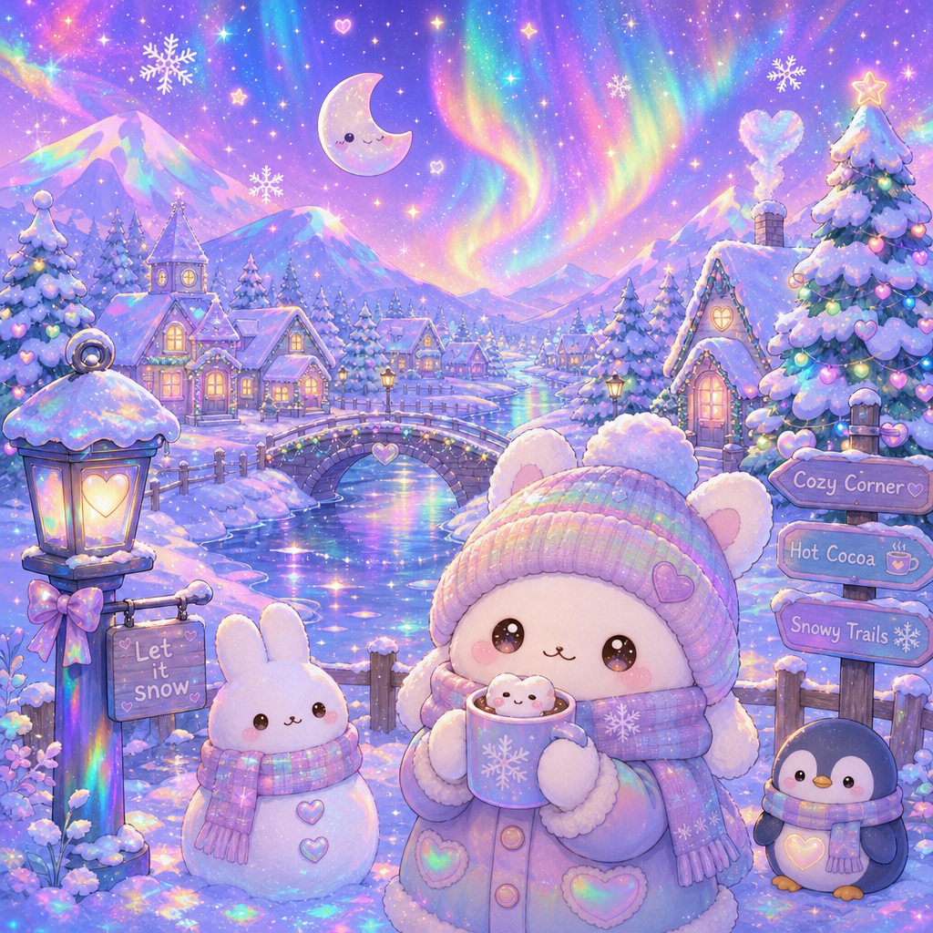Kawaii winter forum avatar/pfp — pastel chibi bunny in a knit hat holding cocoa, snowman and penguin friends, lantern-lit snowy village and bridge under aurora-filled sky.