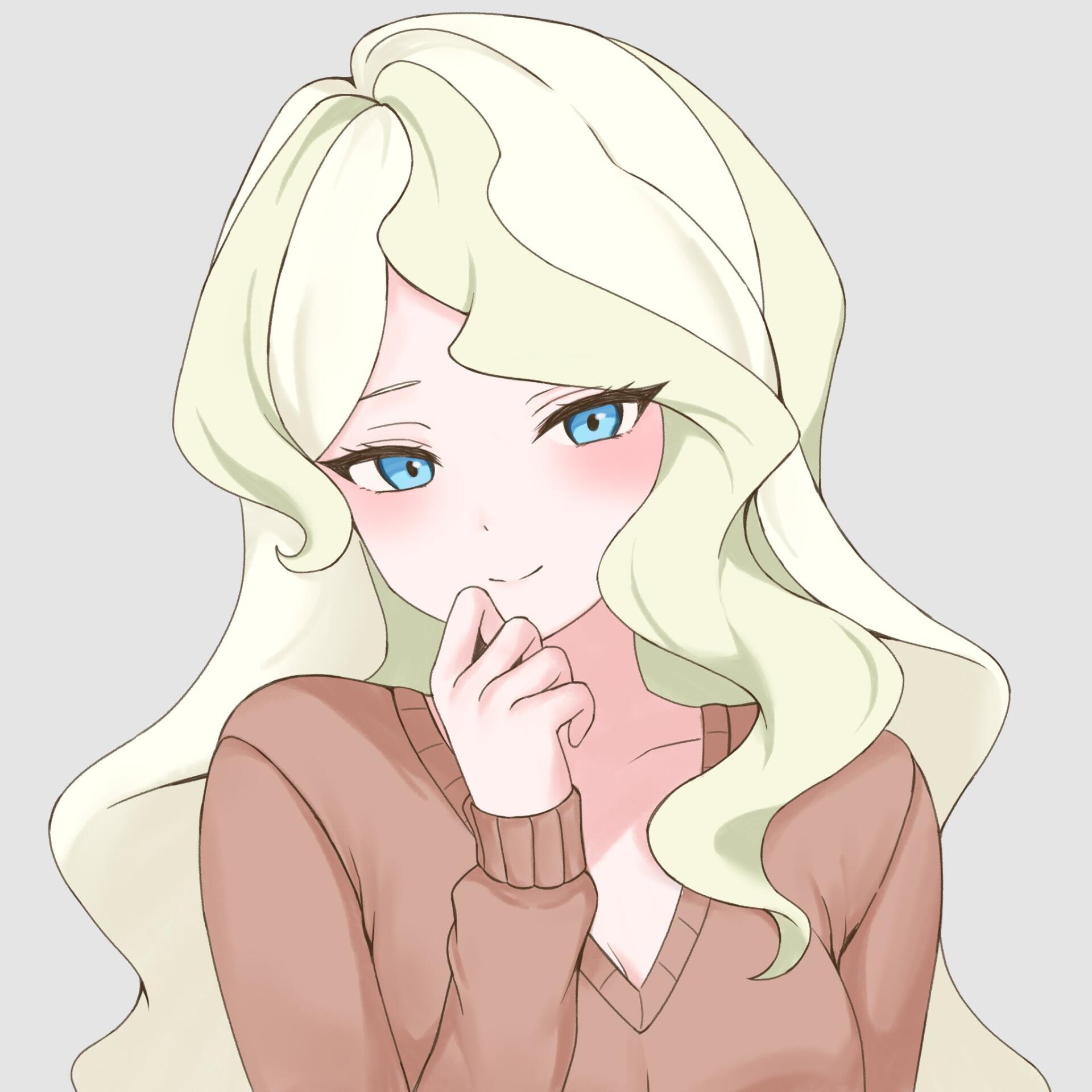 Anime forum avatar/pfp of a blushing blonde woman with long wavy hair and blue eyes, wearing a brown V‑neck sweater and coyly touching a finger to her lips.