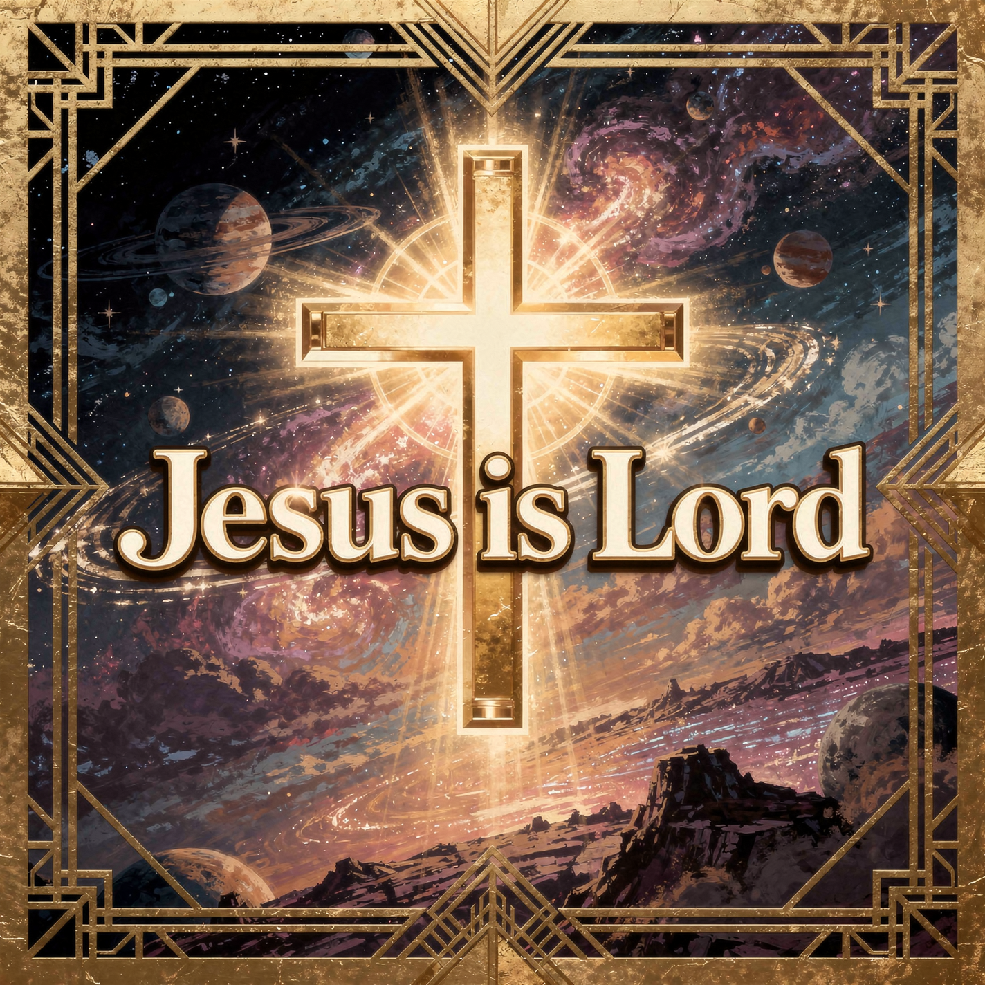 Forum avatar showing a glowing golden cross over a cosmic landscape with an ornate frame and bold text reading Jesus is Lord.