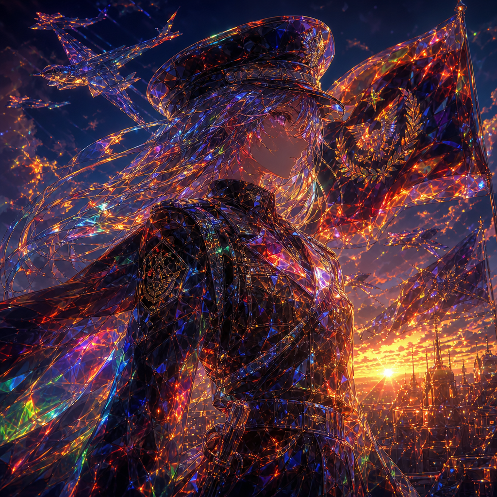 Vibrant, crystalline military anime officer in ornate uniform and peaked cap with a flag at sunset — stylized forum avatar/pfp/profile photo.