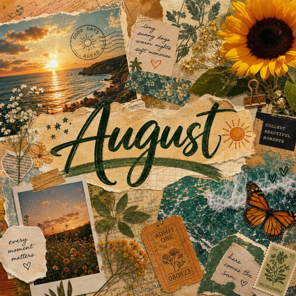 Collage-style forum avatar/pfp that reads August amid a sunflower, ocean sunset, polaroids, butterfly and vintage paper ephemera.