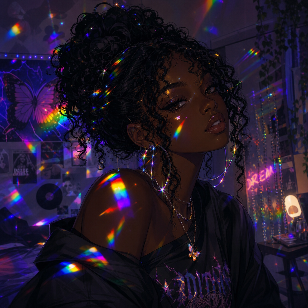 Profile pfp of a Black anime girl with a curly bun, hoop earrings and layered necklaces, bathed in rainbow prism lights in a moody, cozy bedroom.