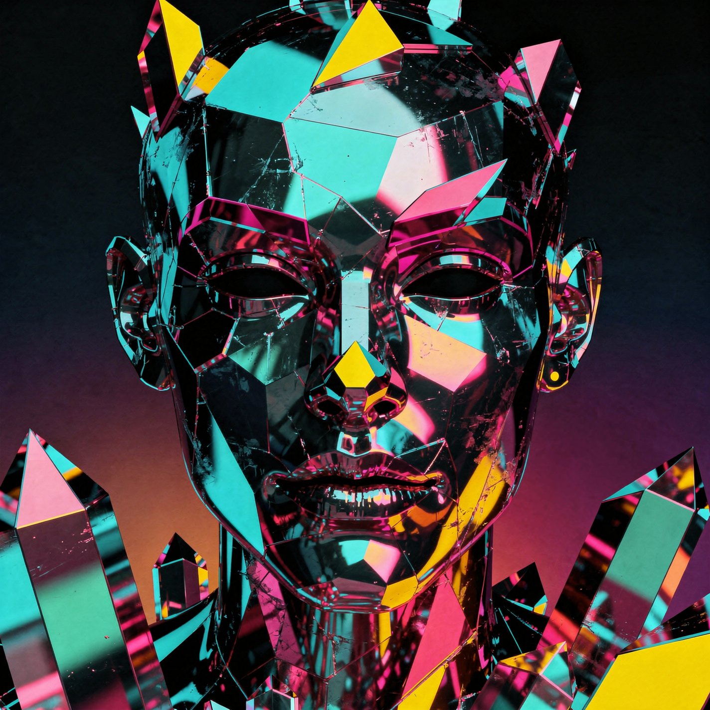 Weirdcore forum avatar/pfp: a faceted crystalline humanoid head in neon cyan, magenta and yellow shards, eyes hollow and reflective, forming a surreal, glitchy portrait.