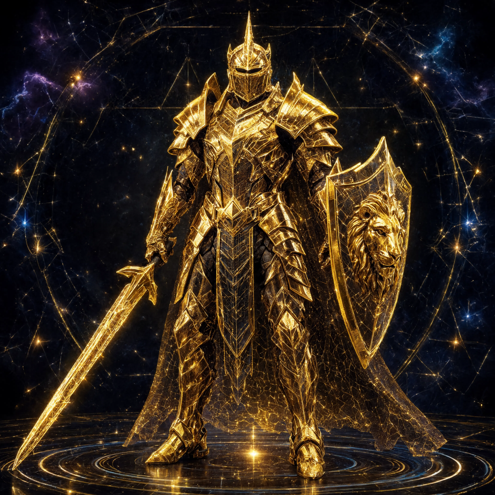 Forum avatar of a knight in ornate gold armor holding a sword and lion-emblazoned shield against a starry, cosmic background.