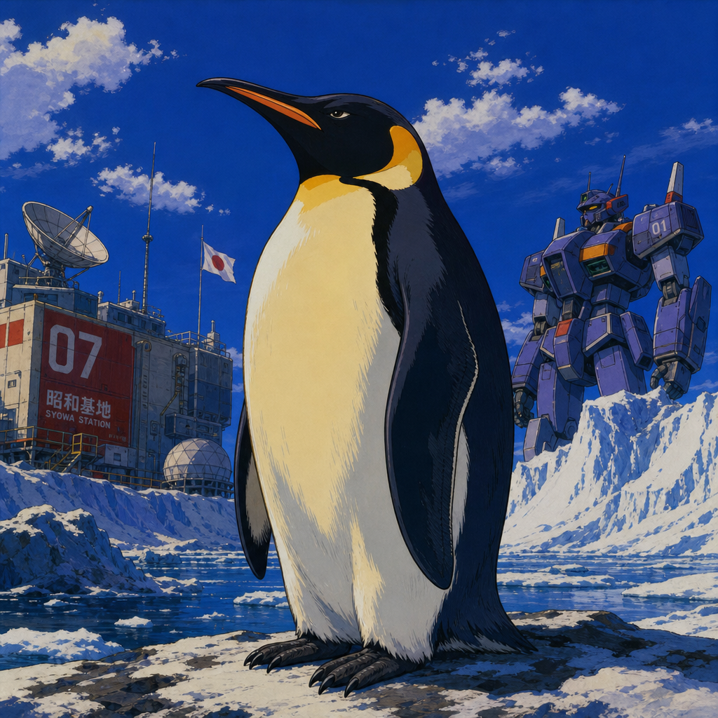 Forum avatar: an emperor penguin stands on ice before a futuristic base, satellite dish and towering mecha under a bright blue sky.