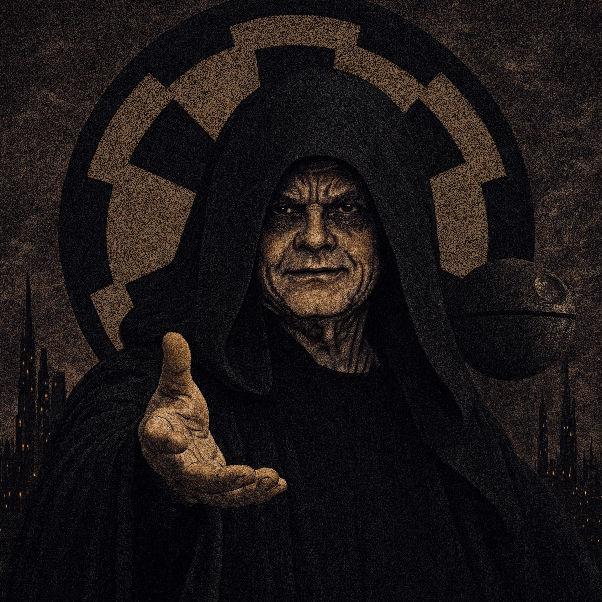 Forum avatar/pfp of Emperor Palpatine in a dark hood, reaching out with an open hand against a faded Imperial emblem backdrop.