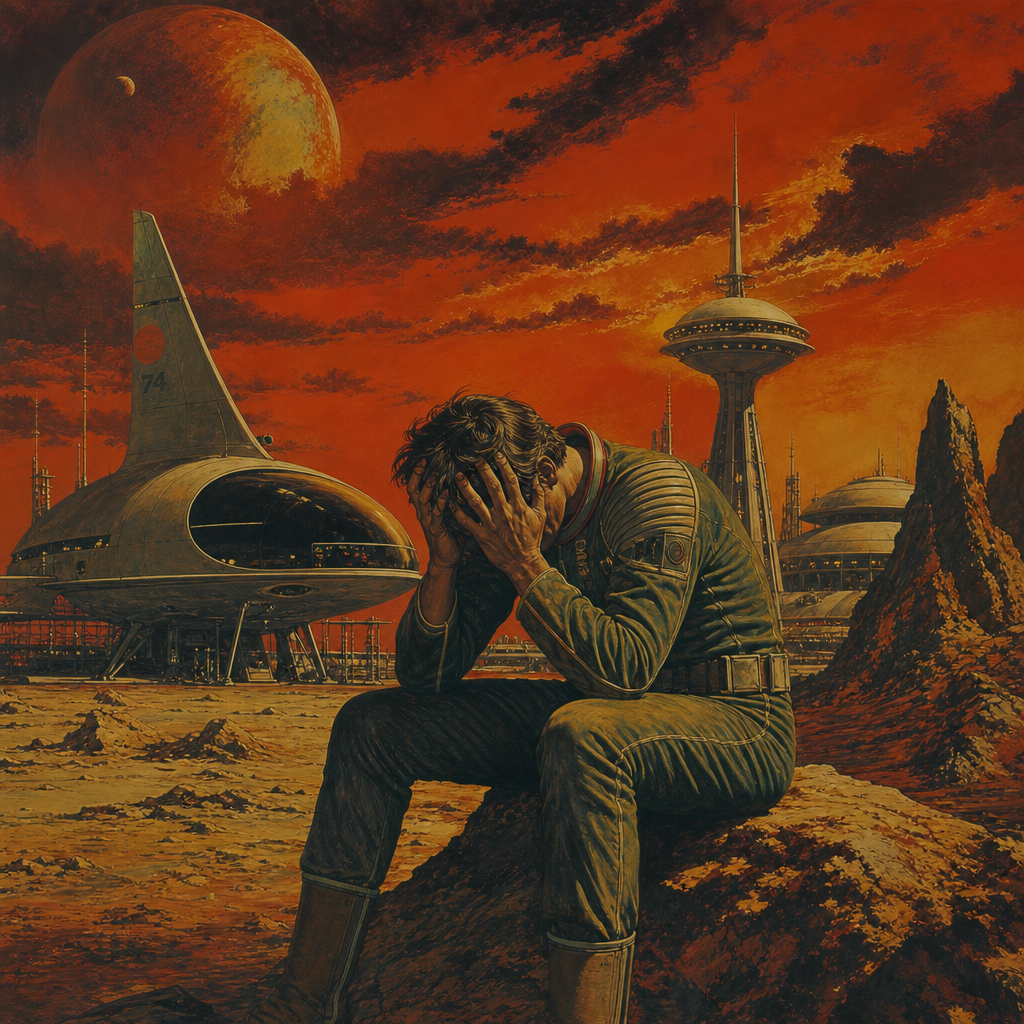 Forum avatar/pfp/profile photo: frustrated sci‑fi traveler sits with head in hands on a rocky alien plain beneath an orange sky and domed, futuristic buildings.