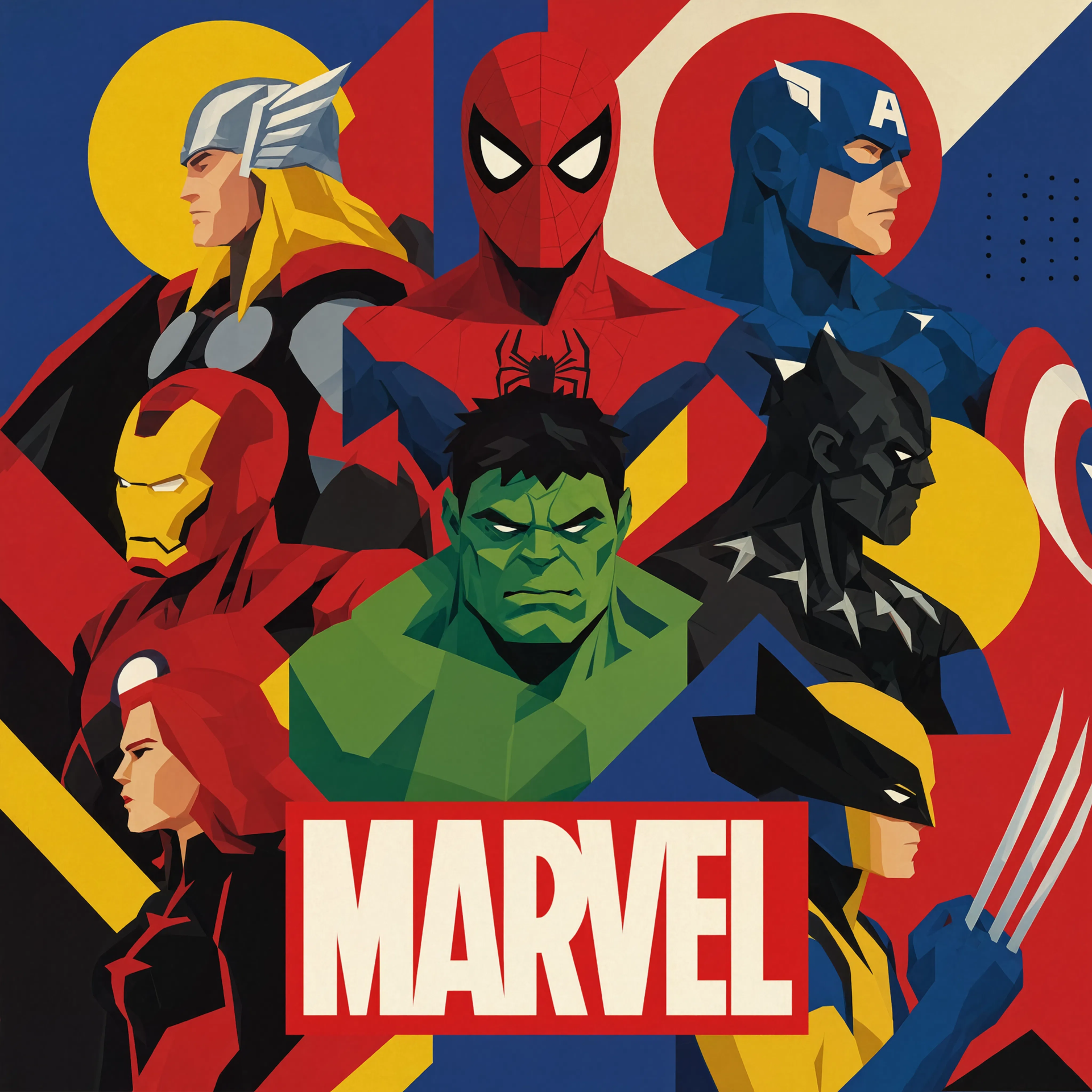 Marvel Comics forum avatar/pfp: bold, comic-style portraits of Spider-Man, Captain America, Thor, Iron Man, Hulk, Black Panther, Wolverine and Black Widow surrounding a MARVEL logo.