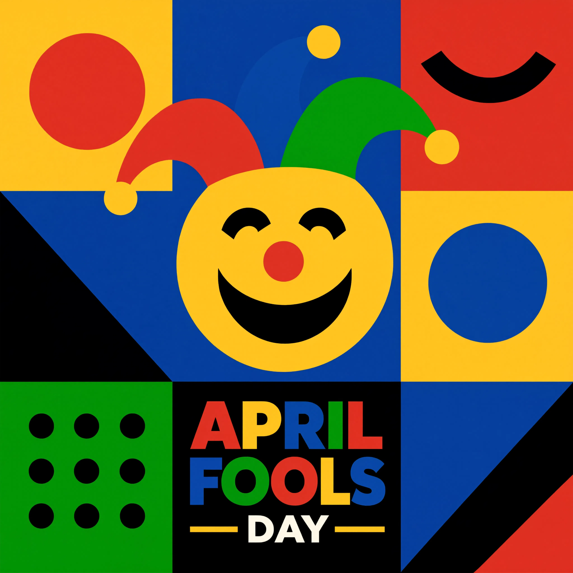 Colorful geometric jester avatar with a smiling face and bold April Fools Day text — forum profile picture.